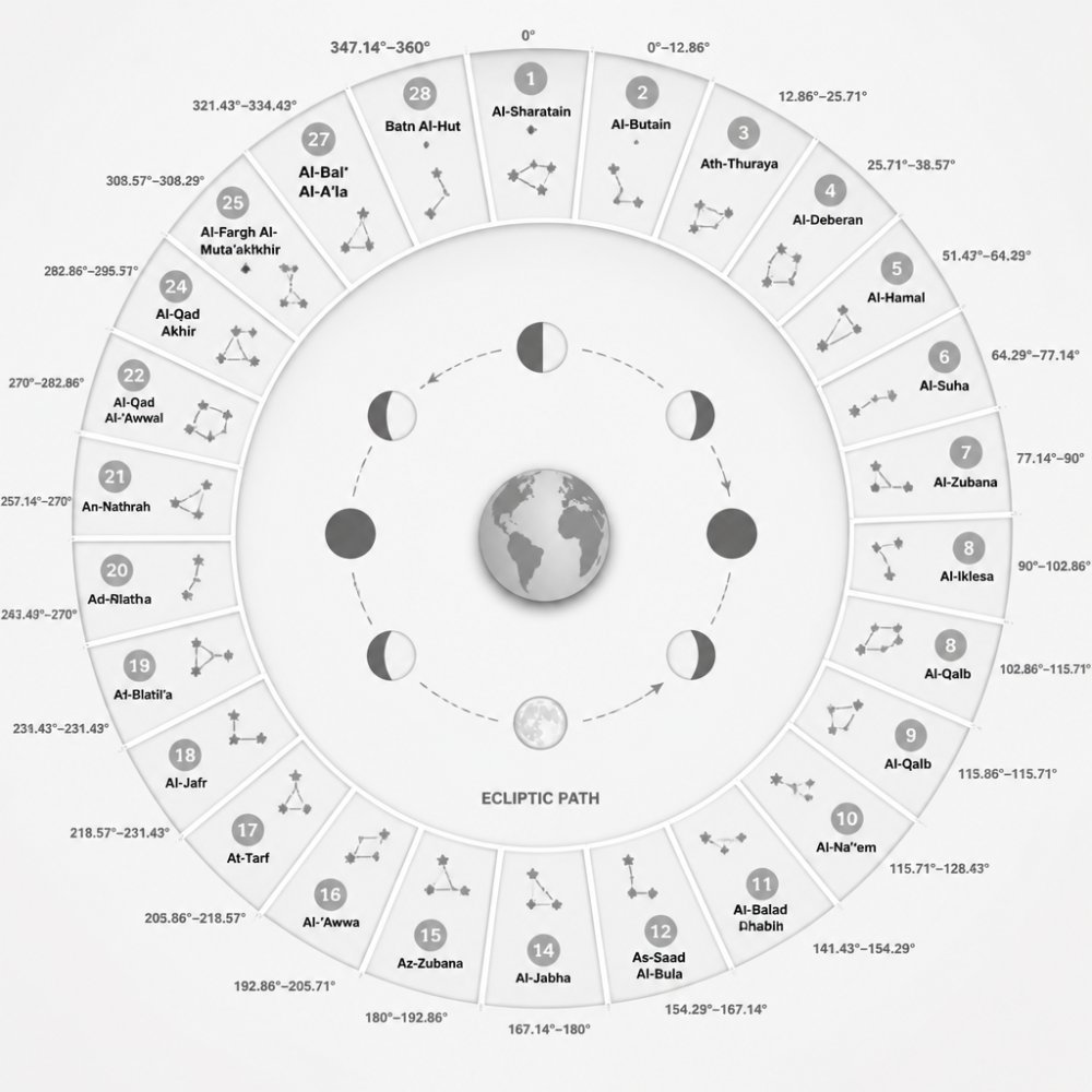 Circular diagram illustrating the 28 lunar mansions of a natal lunar mansion system along the 360-degree ecliptic path.