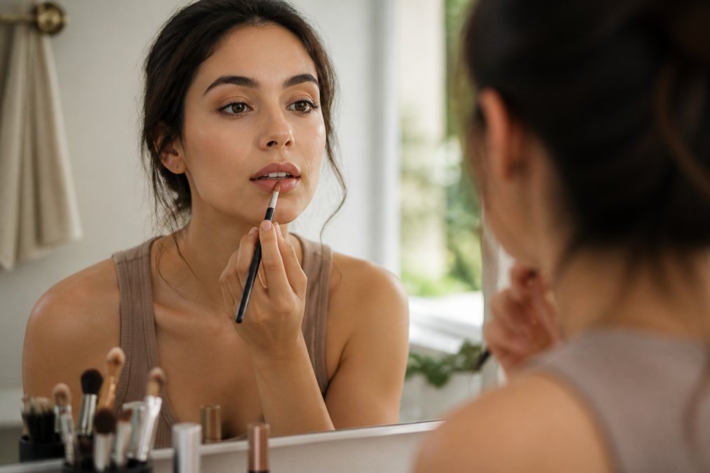 Close-up of a woman applying nude lipstick with a small brush in front of a bathroom mirror, soft natural light, neutral makeup look, calm morning routine setting