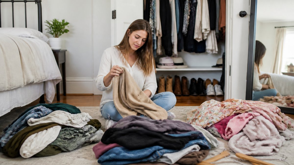 A woman sitting on the floor of a bright bedroom closet, sorting clothes into three piles labeled keep, donate, and alter, with a few hangers and a mirror visible