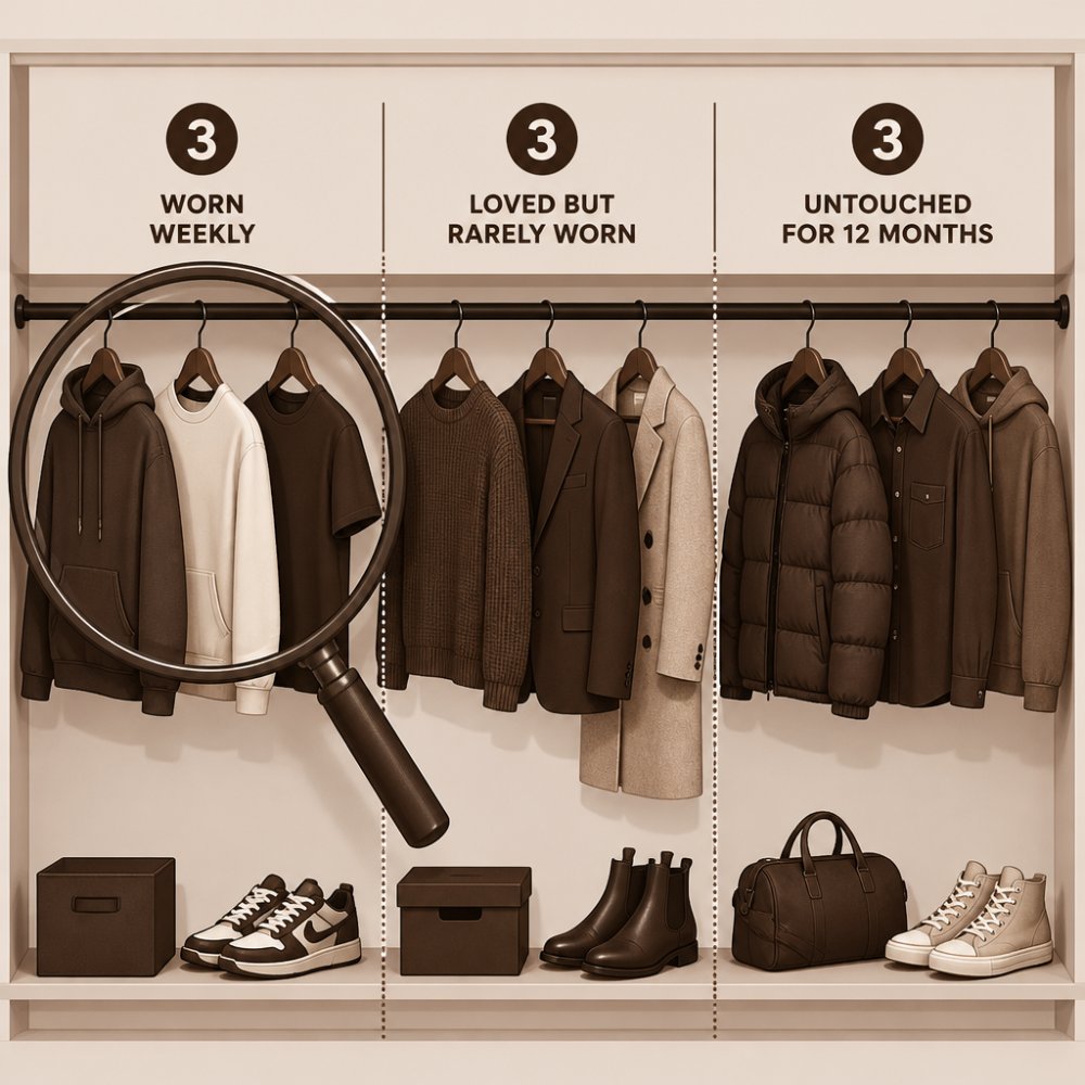 Digital illustration of a closet rail divided into three labeled groups: "Worn weekly" with 3 garments, "Loved but rarely worn" with 3 garments, and "Untouched for 12 months" with 3 garments, with a magnifying glass hovering over the first group