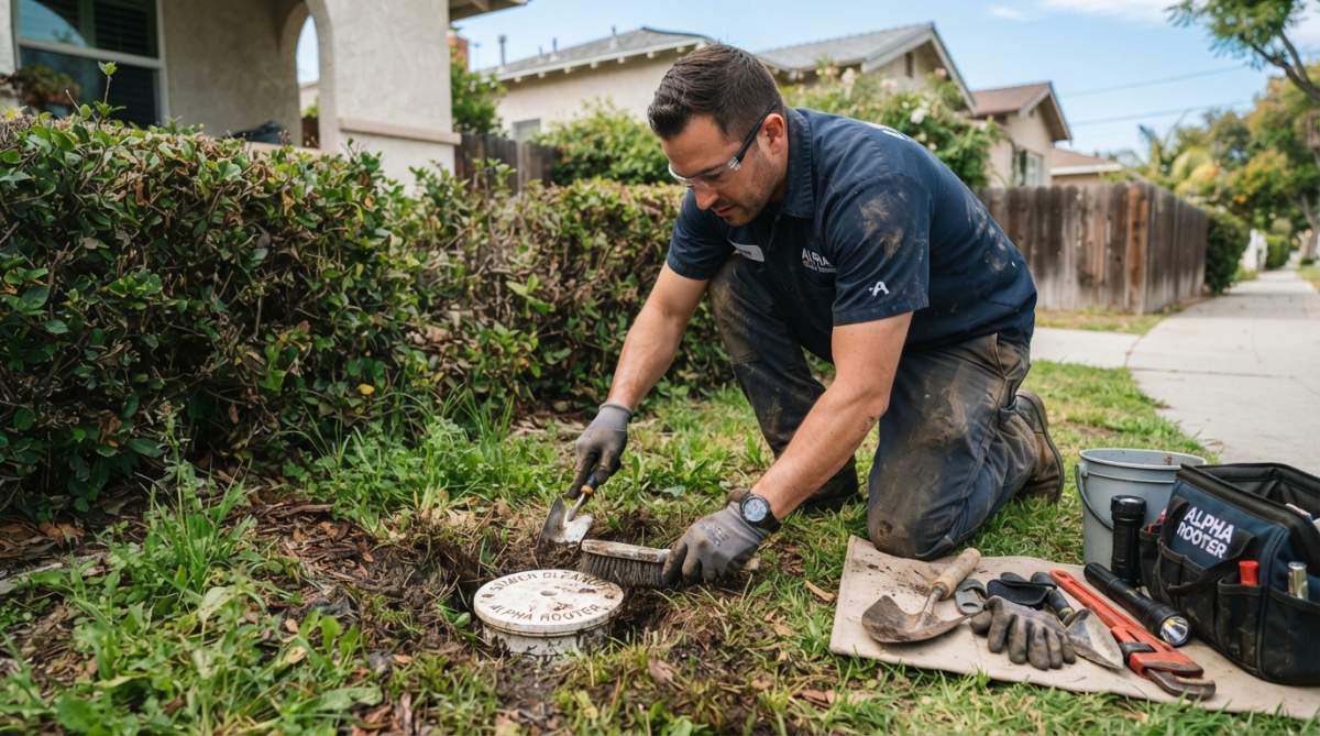 Professional plumber kneeling in grass near property line, carefully brushing dirt away from a small plastic cleanout cap partially visible in ground, bright daylight