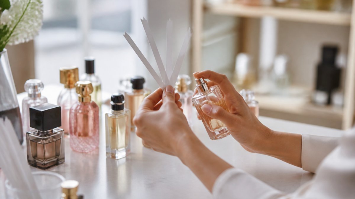 Person's hands holding fragrance tester strips and a perfume bottle, with multiple fragrance bottles arranged on a table in soft natural lighting