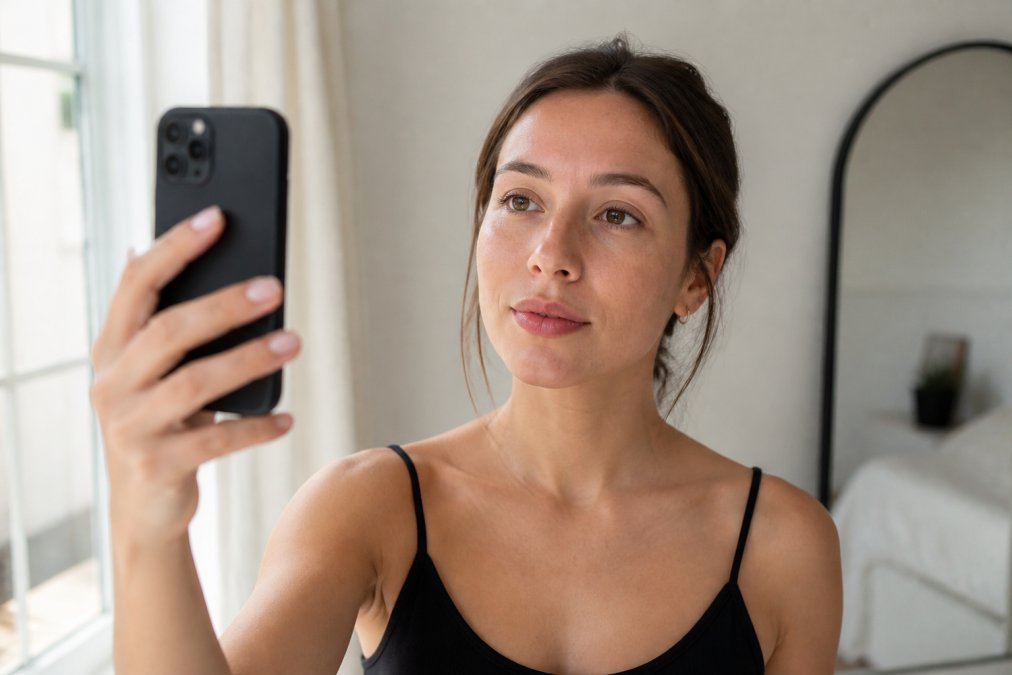 Woman taking a selfie with her smartphone in natural window lighting, demonstrating proper technique for AI undertone analysis with clear facial visibility