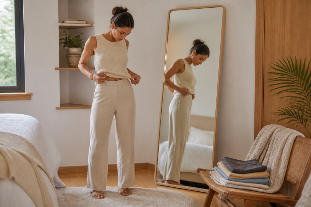 Young adult adjusting a neutral outfit in a mirror to find your style through better fit and proportion.