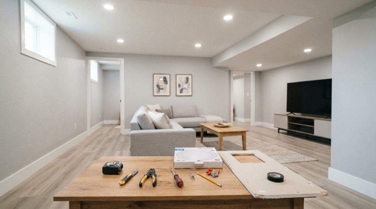 A finished basement with low ceilings featuring flush-mounted recessed LED lights, light-colored walls, and a bright, airy atmosphere with modern furniture