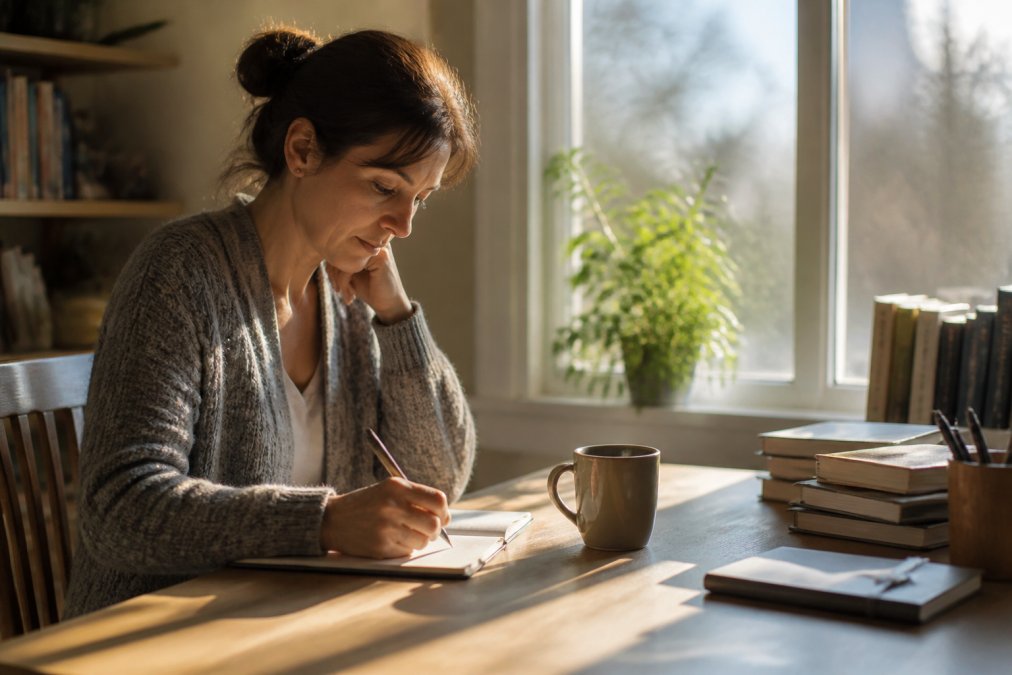 Writer at desk in early morning light with coffee cup nearby, focused on laptop screen with peaceful expression