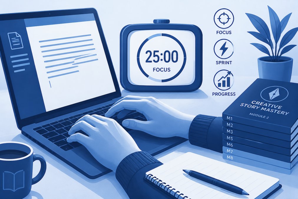 Close-up of hands typing on keyboard with timer visible in background, showing intensity and focused writing momentum