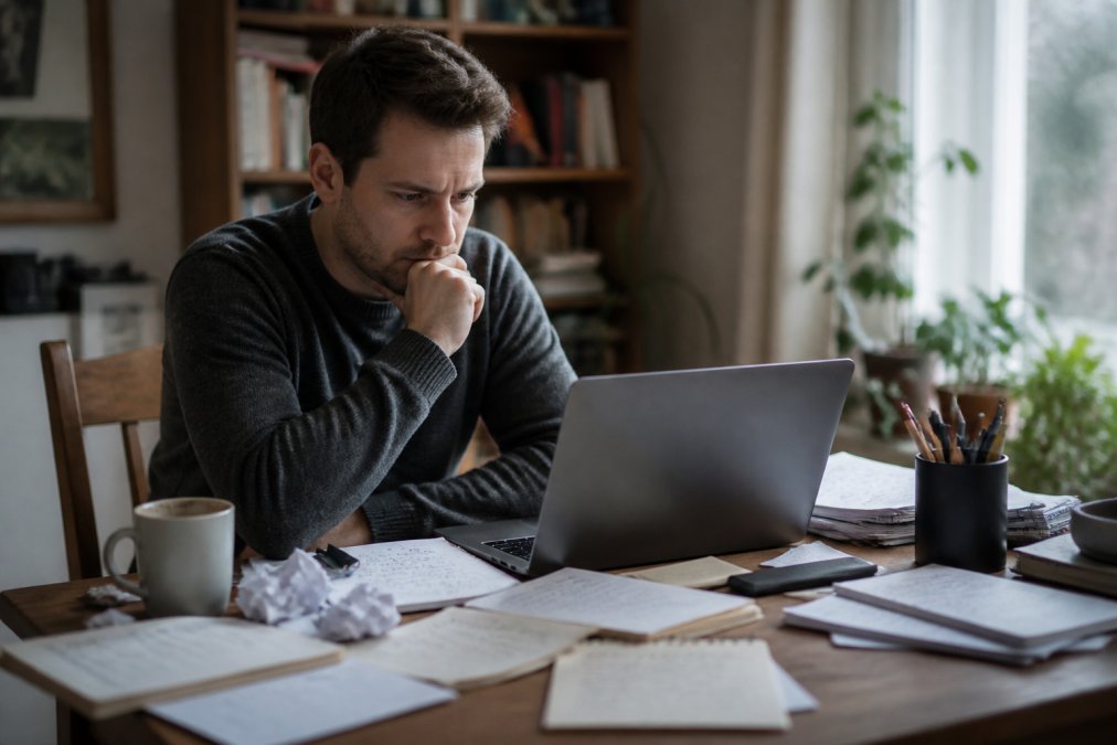 Writer sitting at desk with scattered notes and a half-filled coffee cup, looking thoughtful at their laptop screen
