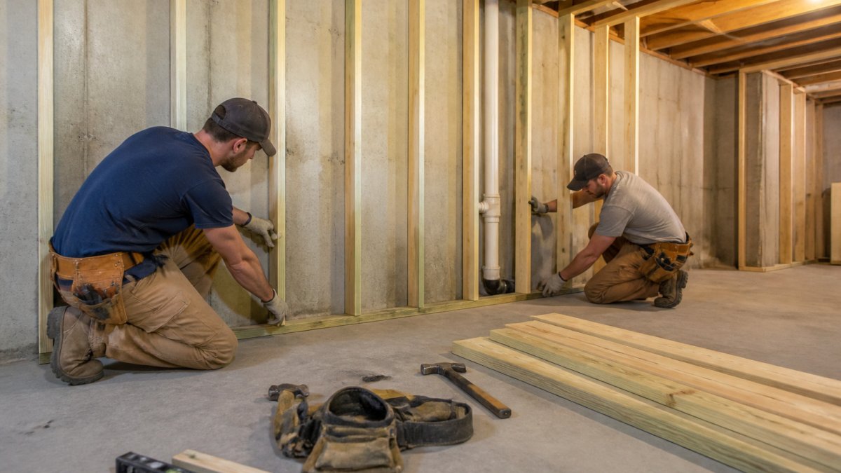 Workers framing walls with pressure-treated studs to finish an unfinished basement.