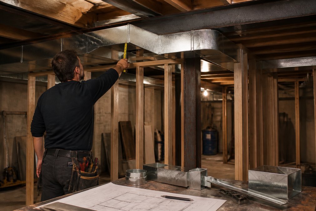 HVAC technician measuring and planning duct transition in basement, adjusting the path of rectangular supply ductwork around a support beam with framing visible and building code documentation on a workbench