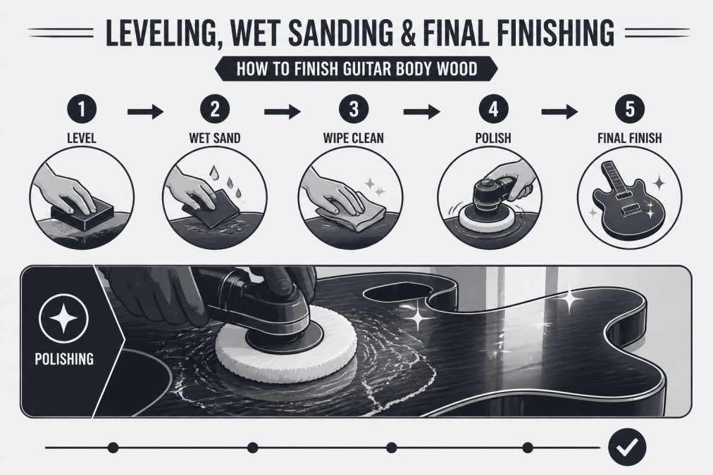 Hands using a soft buffing wheel on a finished guitar body, showing the polishing process with compound residue and the reflection of light on the glossy finish