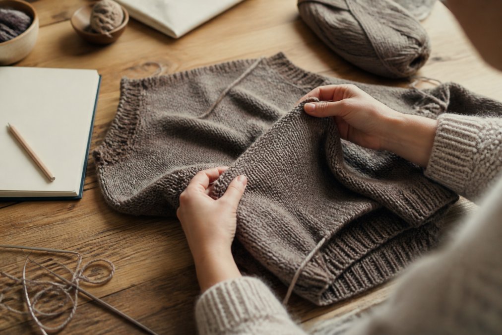 A close-up of a knitter's hands gently examining a half-finished knitted sweater on a wooden table, with a notebook and pencil nearby for notes, soft natural light