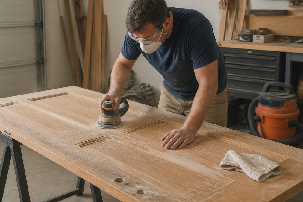 A person wearing safety glasses and a dust mask using a random-orbit sander on a flat wood door laid across sawhorses in a garage workshop, with sanding dust visible and a tack cloth nearby