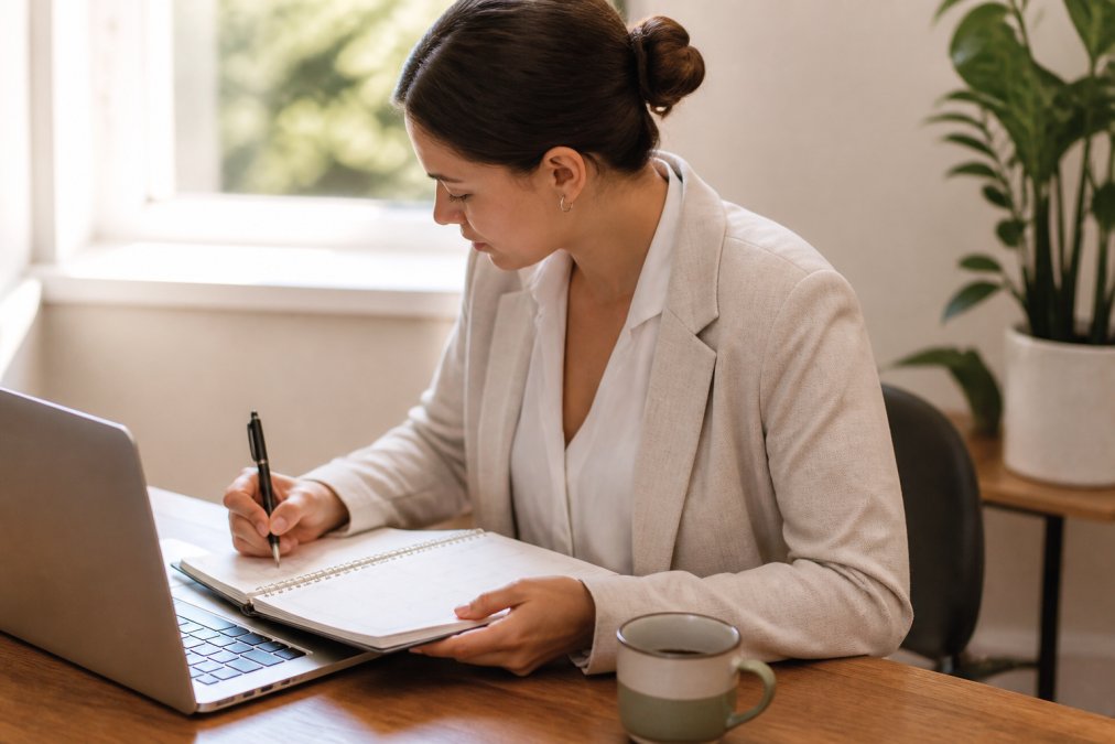A professional in business casual attire reviewing a paper planner at a wooden desk, laptop open beside a coffee mug, soft morning light streaming through a window