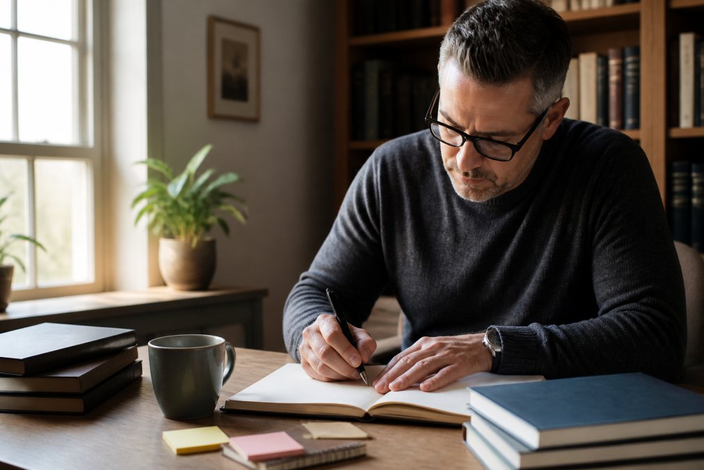 Professional author working intently at desk with laptop, coffee mug, and open notebook in bright home office with natural window light, focused on manuscript during dedicated morning writing session