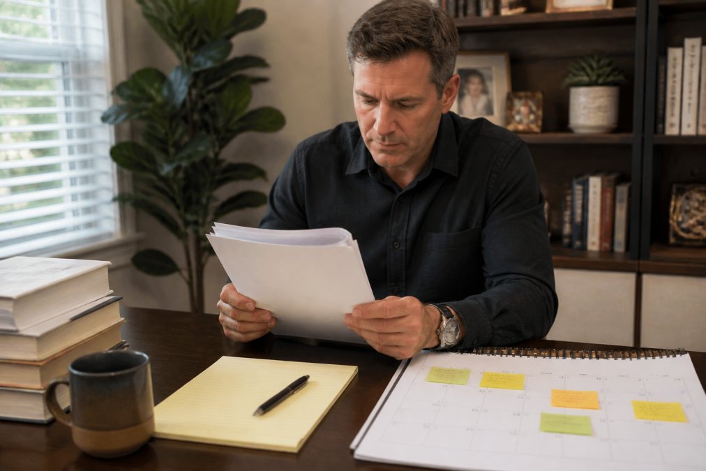 Entrepreneur reviewing manuscript pages at desk with calendar, notebook, and project management tool visible, showing planning structure and accountability system in action