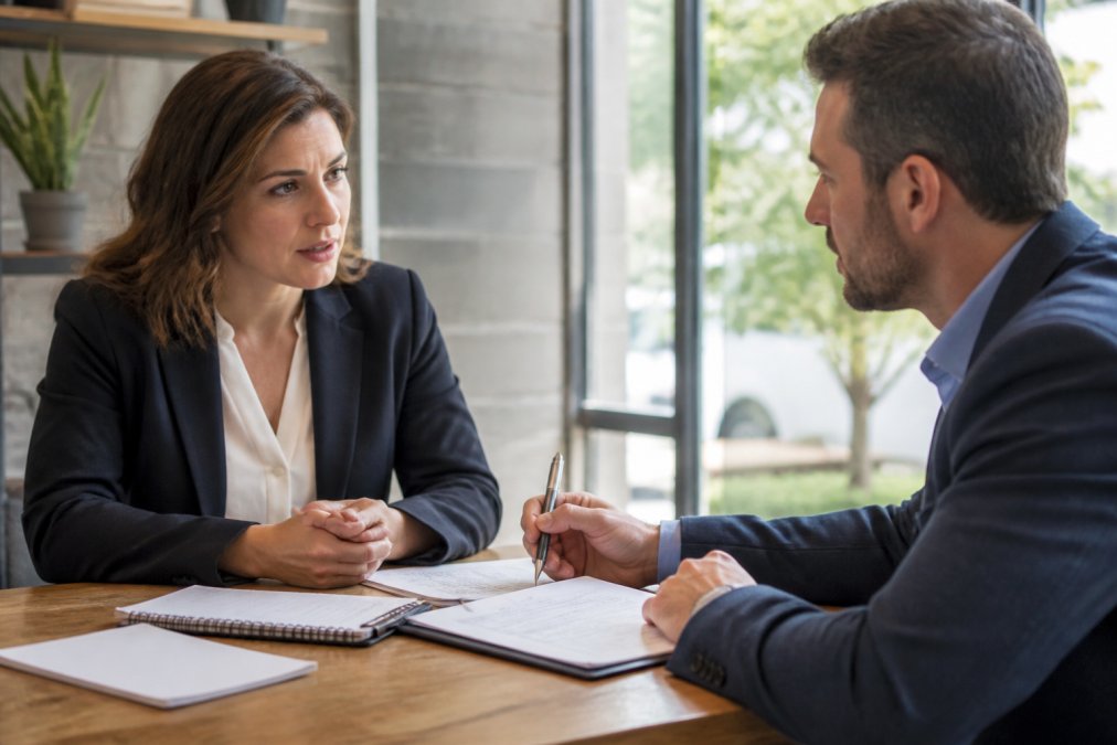 Two professionals sitting across a table in a modern office, having a serious but respectful conversation with documents and a contract visible between them, with natural window lighting