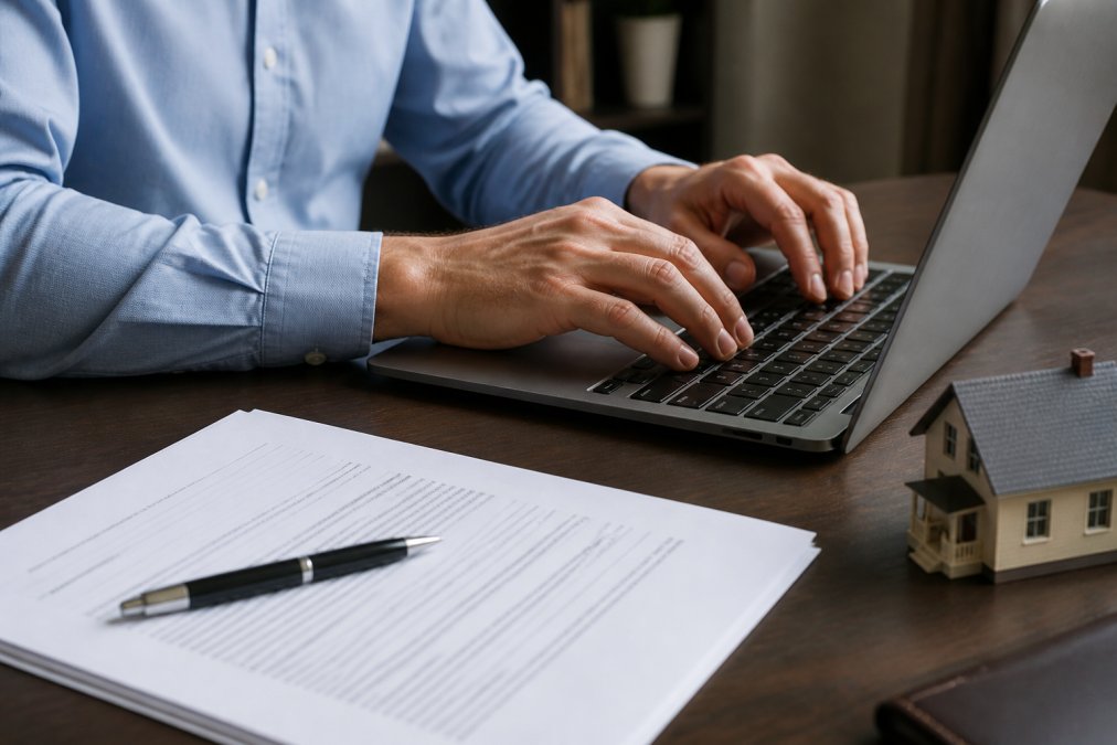 Close-up of hands typing a formal termination letter on a laptop keyboard, with a printed real estate contract visible on the desk nearby, in soft office lighting
