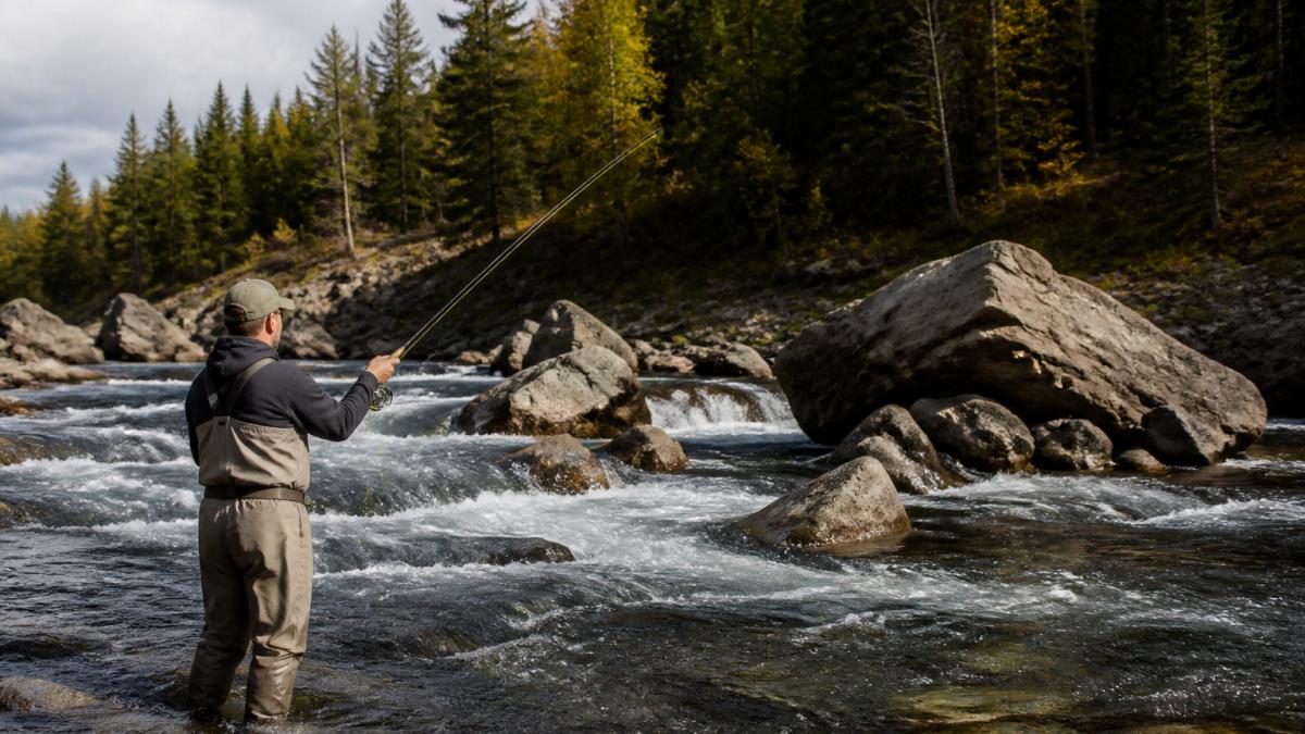 Angler in waders casting a dry dropper rig into a rocky mountain river riffle