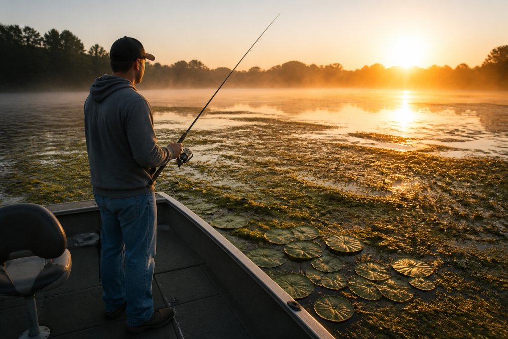 Angler on a small aluminum boat fishing a weedy pond at sunrise, spinning rod in hand, lily pads and matted grass visible on the water surface
