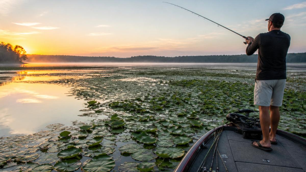 A bass angler standing on the deck of a bass boat, casting a heavy rod into thick lily pads on a calm lake at sunrise