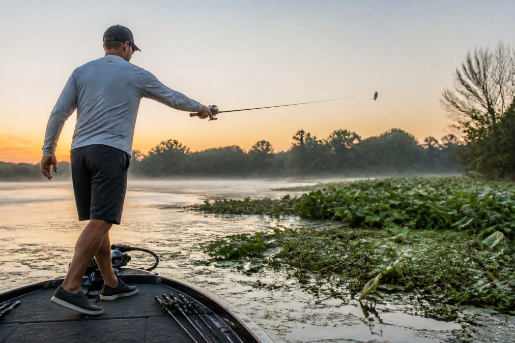 Angler making an underhand pitch with a baitcaster toward a thick mat of lily pads and hydrilla at dawn