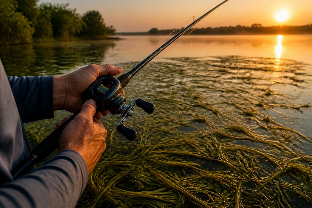 Angler holding a heavy rod over matted grass to show how to fish heavy vegetation for bass at sunrise