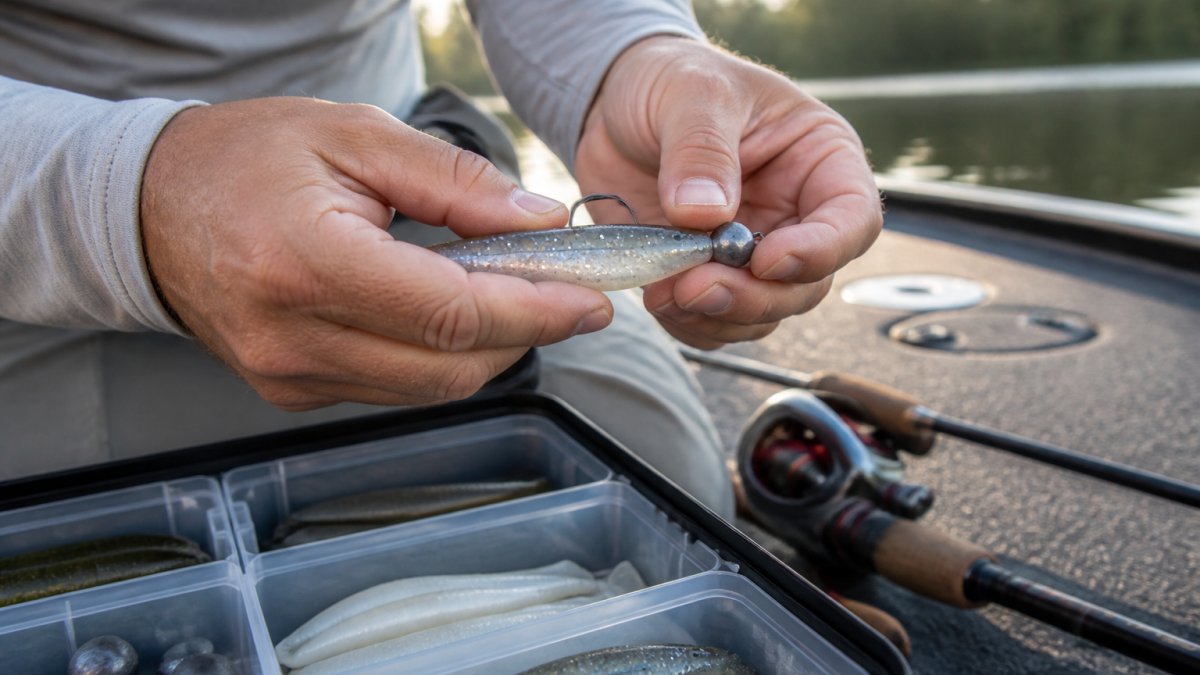 Close-up of an angler's hands rigging a soft plastic swimbait onto a weighted hook, with a tackle box and fishing rod visible on a boat deck in morning light