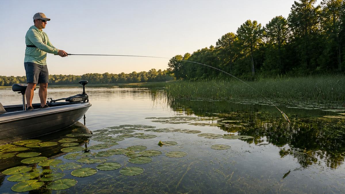 Angler in a small boat casting a weedless lure toward a weed pocket on a shallow lake, lily pads and submerged grass visible in the foreground, morning light on the water