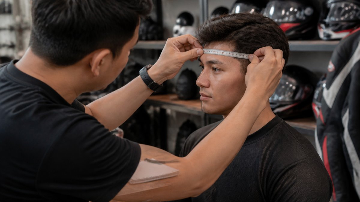 Close-up of a rider's hands wrapping a soft measuring tape around a person's forehead just above the eyebrows, with a notepad on a workbench nearby