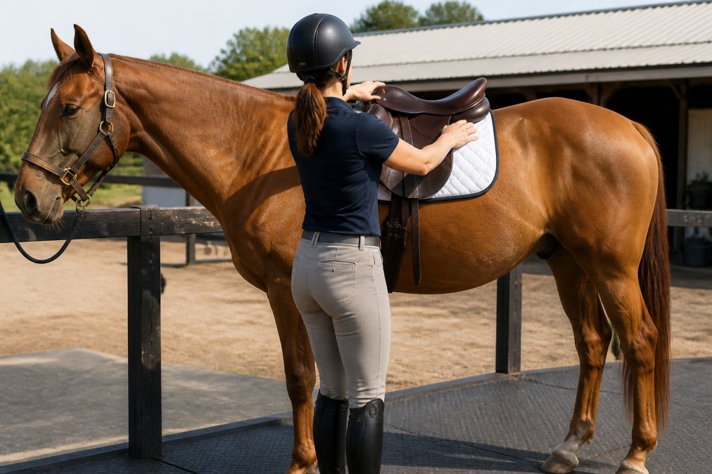 A rider in a sunny stable yard placing an English saddle on a chestnut horse's back, using both hands to check the position just behind the shoulder blade, with the horse standing square on a rubber mat