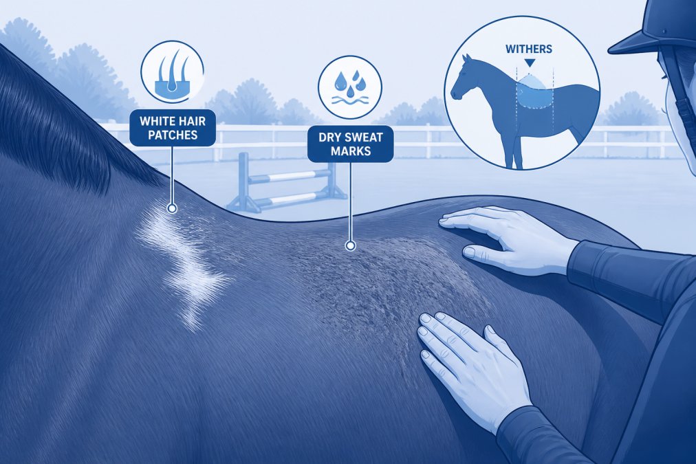 Close-up of a horse's back showing white hair patches and dry sweat marks behind the withers after saddle removal, with a rider's hands inspecting the area in an outdoor arena with afternoon light