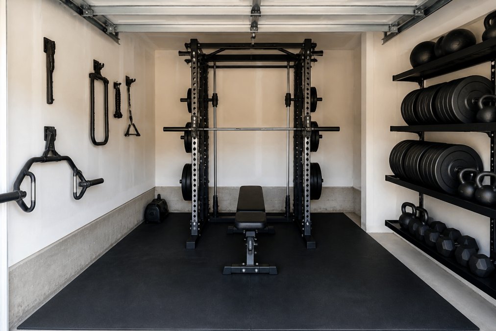 A compact Smith machine positioned against the back wall of a tidy single-car garage, with a black rubber floor mat underneath and wall-mounted storage shelves holding weight plates on the side wall