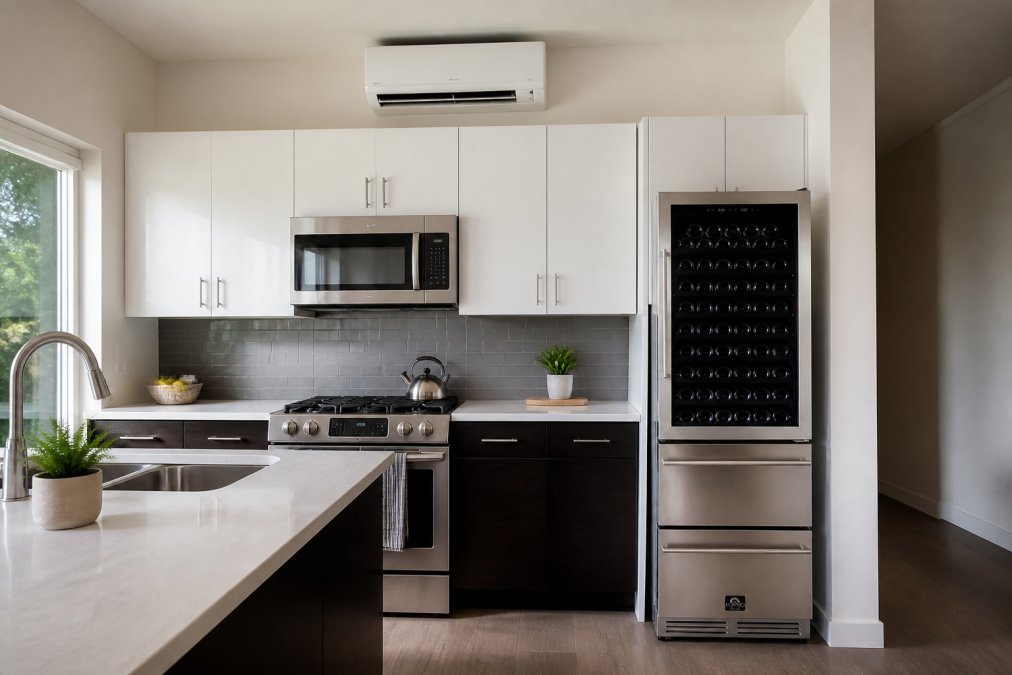 Modern compact kitchen with ceiling-mounted mini-split indoor unit visible above cabinetry, with stainless steel appliances and natural light showing the sleek installation
