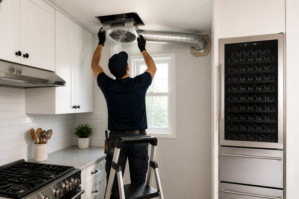 Professional installing ceiling-mounted exhaust fan in compact kitchen with visible ductwork routing toward exterior wall, showing proper placement above cooking zone with natural lighting