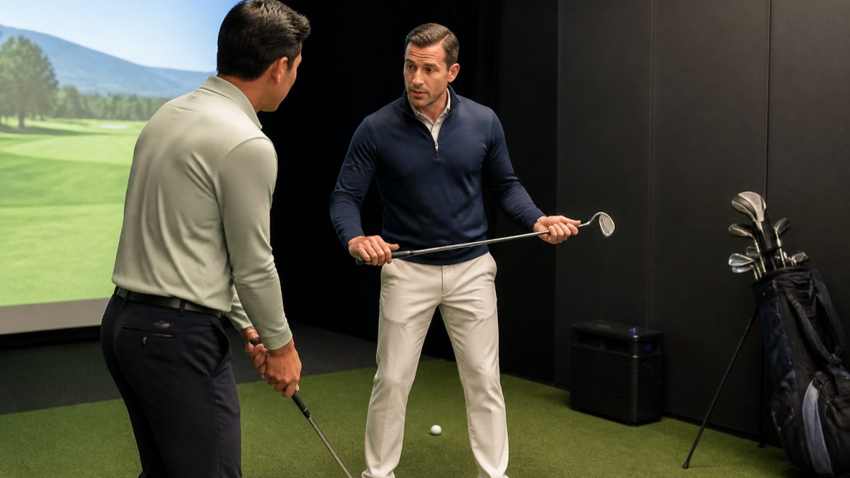 A PGA-certified instructor coaching a professional in business casual attire inside a modern indoor golf simulator bay, with swing data visible on a screen in the background
