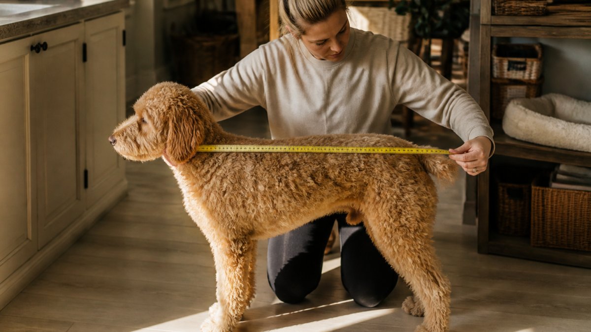 Dog owner measuring a medium-sized dog's body length from nose to base of tail with a tape measure, dog standing naturally on a light-colored floor