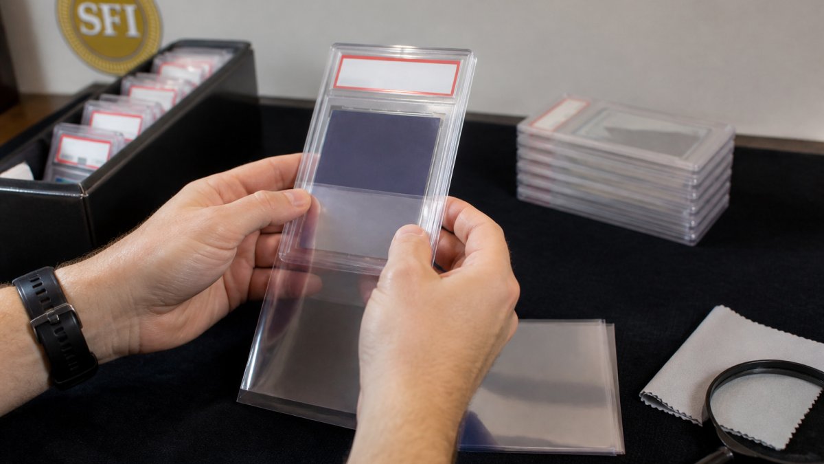Collector sliding a graded card slab into a protective sleeve to learn how to fit sleeves on slabs.