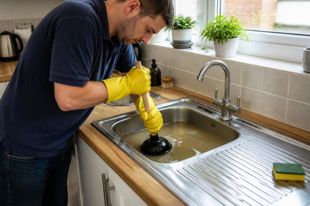 A homeowner in a UK kitchen using a plunger on a stainless steel sink with standing water visible, wearing rubber gloves, natural daylight from a window, practical and realistic scene