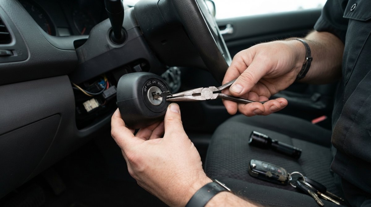 Close-up of a person's hands using long nose pliers to carefully extract a broken key blade from a car ignition cylinder, with a set of keys and a torch on the driver's seat nearby