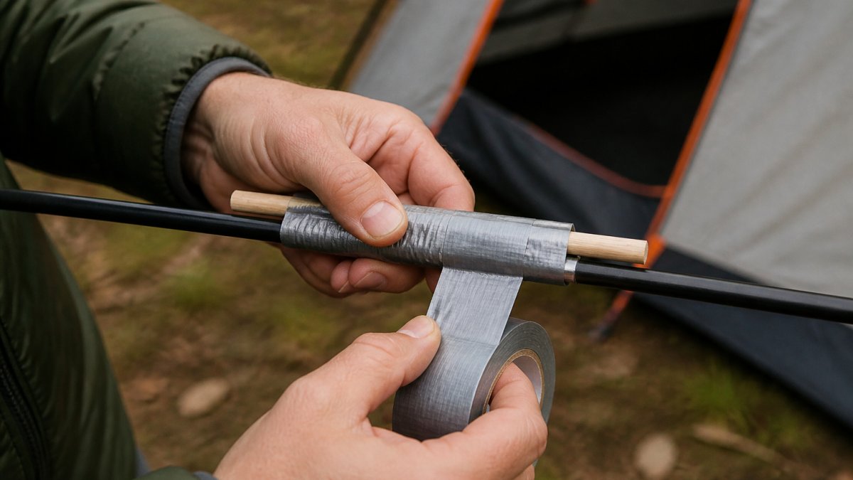 Infographic steps for using a splint and tape to repair a cracked tent pole section in the wilderness