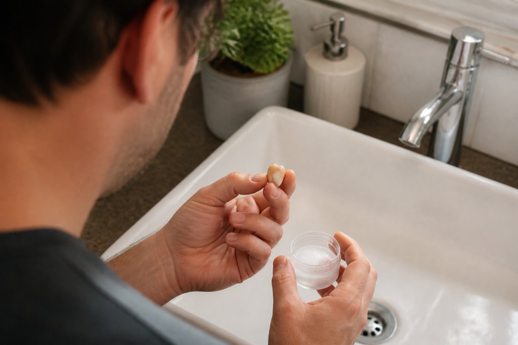Close-up of a person's hands holding a dislodged dental crown over a clean bathroom sink, with a small container of saline solution nearby, soft natural light