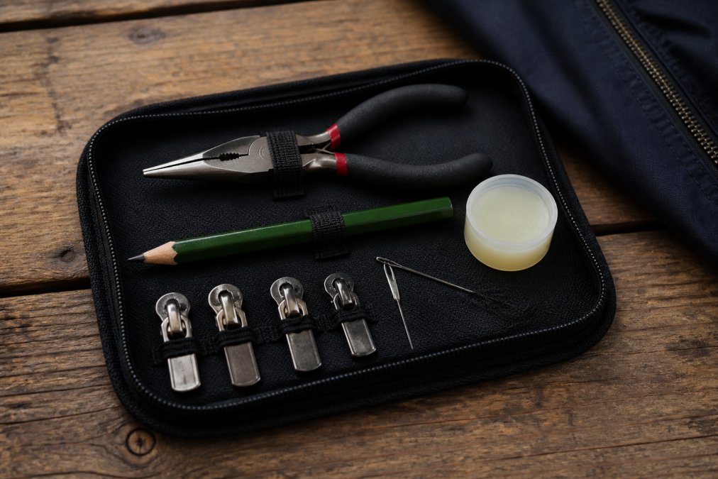 Infographic showing essential tools like pliers and sliders to fix a broken zipper on a wooden table.
