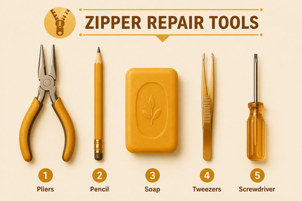 Flat lay of zipper repair tools including needle-nose pliers, graphite pencil, bar soap, tweezers, and small screwdriver arranged on a neutral gray surface with natural lighting