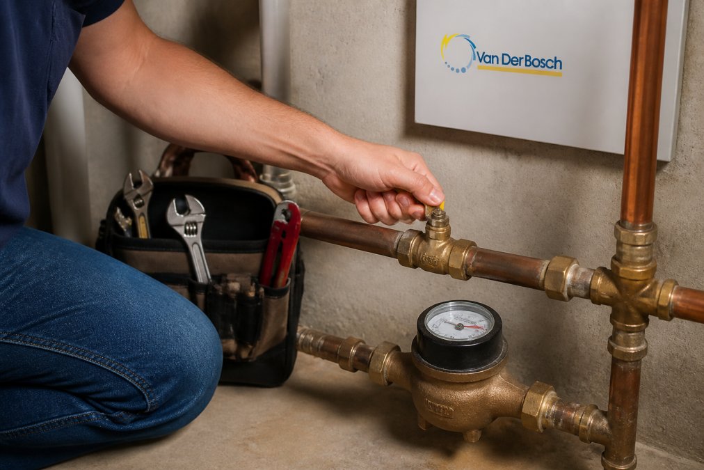 Homeowner turning a brass ball valve on a main water line to prevent damage from a burst pipe in the basement.