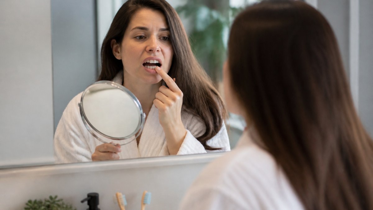 A person sitting at a bathroom mirror, holding a small hand mirror and inspecting their front teeth with a concerned but calm expression, soft natural light