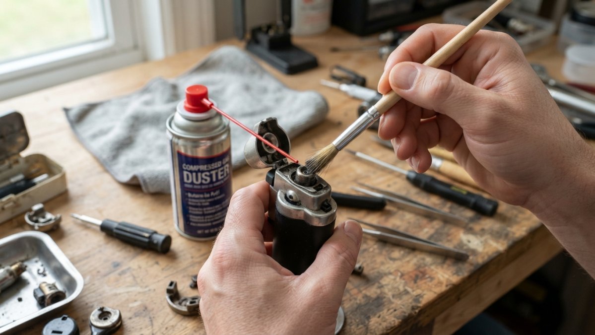 Hands using compressed air and a small brush to clean a torch lighter nozzle on a workbench
