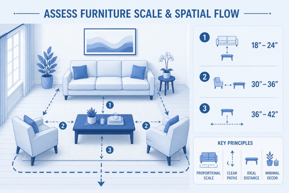 Bright living room with a proportionally scaled sofa against one wall, clear walking paths between furniture pieces, a single coffee table positioned at ideal distance, and minimal decorative items on surfaces