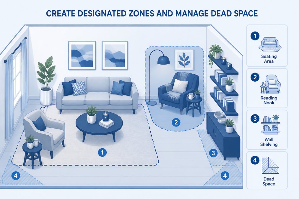 Living room with a defined seating area using a large neutral rug, a cozy reading nook in a corner with an armchair and small side table, wall-mounted shelving with organized books and plants, and clear separation between functional zones