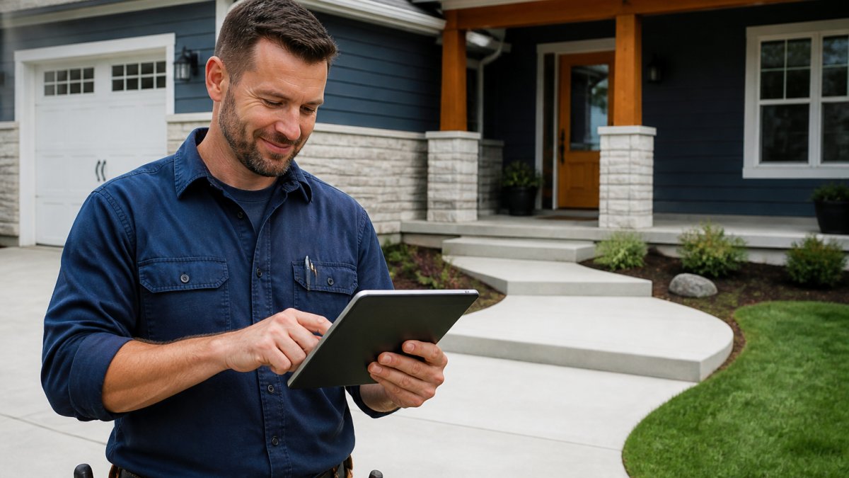 Infographic showing how a contractor website uses customer reviews to build trust at a finished job site